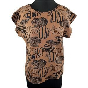 VINTAGE Lady Manhattan Brown Black Fish Print Crew Neck Dolman Sleeve Blouse 10